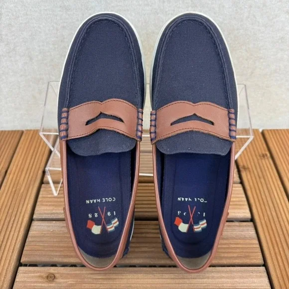 Cole Haan Mens 8.5 Nantucket Penny Loafer Blue Canvas Brown Leather - Picture 5 of 7